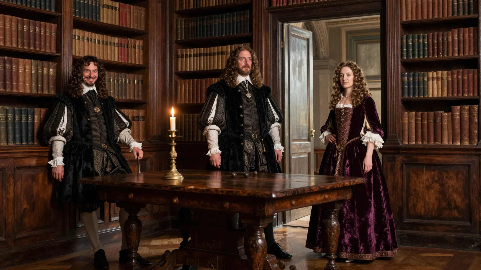 Two 16th-century French noblemen in a grand library, one lea...