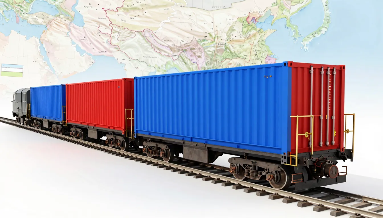 A high-quality 3D render of a cargo train with blue and red ...