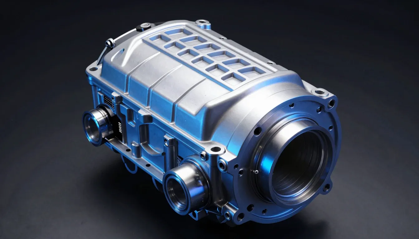 A close-up of a shiny car engine part on a clean dark backgr...
