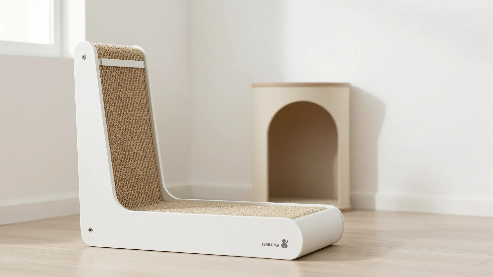 A stylish minimalist cat scratching post with a small logo '...