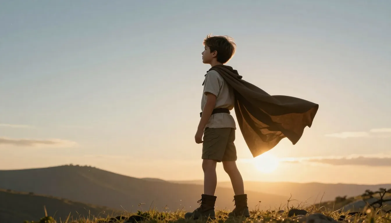 A young, determined child (around 8-10 years old) standing c...