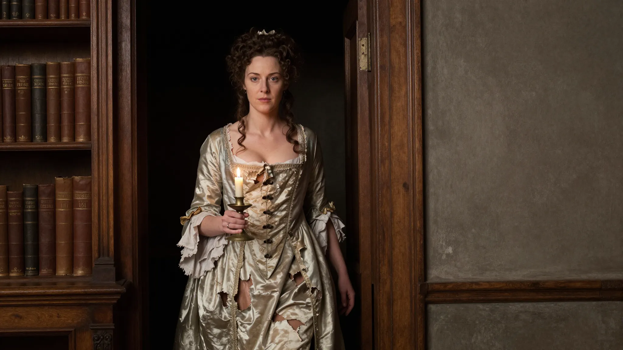 A beautiful 17th-century French noblewoman in a torn but ele...