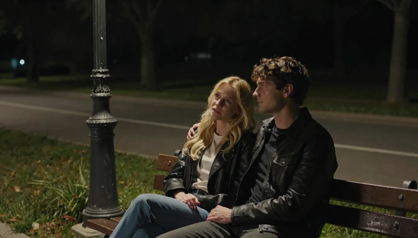 Medium shot of a romantic couple on a park bench at night. T...
