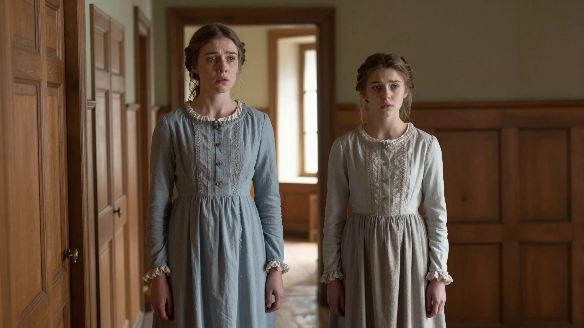 Two sisters in 19th-century Russian dresses standing in a su...