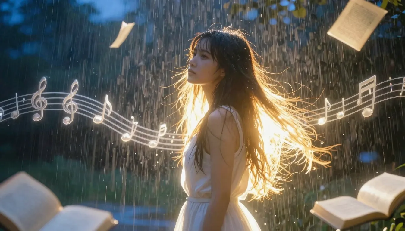 A young European woman with long hair standing in a gentle r...