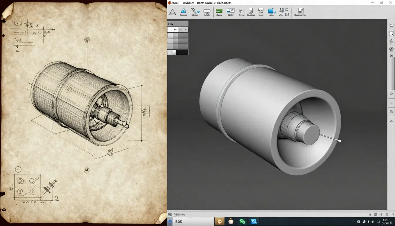 Split screen showing a dusty old technical drawing on the le...