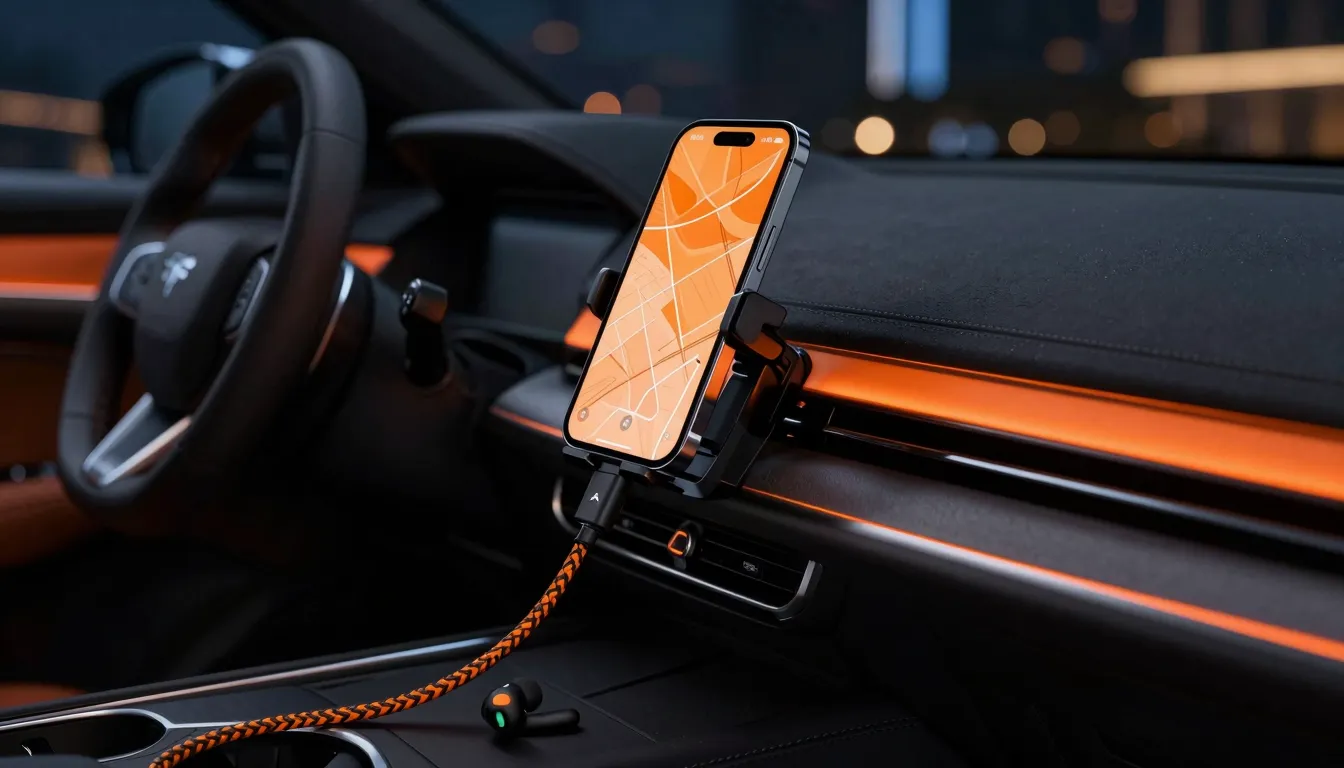 Interior of a modern premium car at night. A sleek iPhone is...