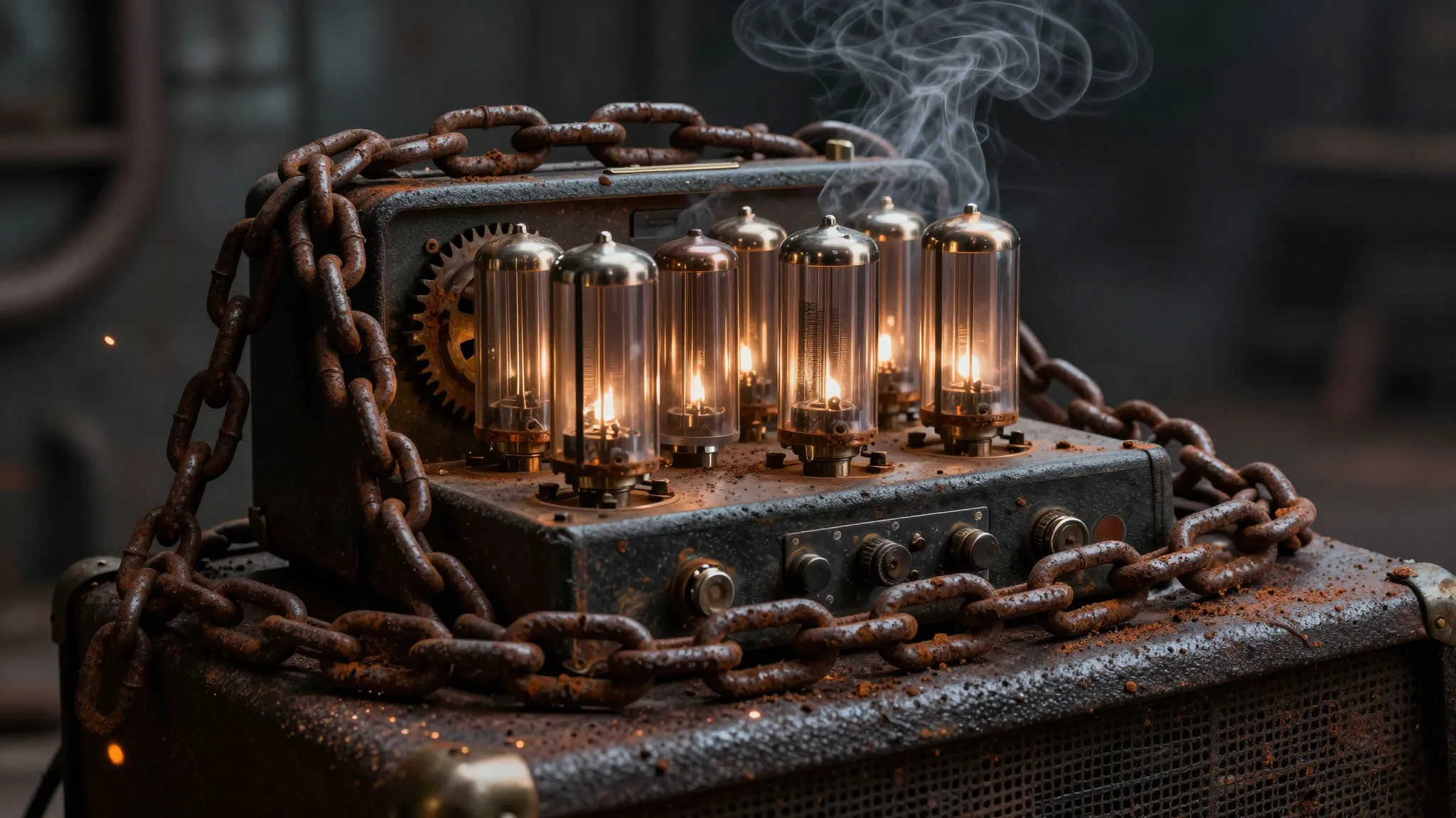 Gritty heavy metal aesthetic, rusty chains and gears, vintag...