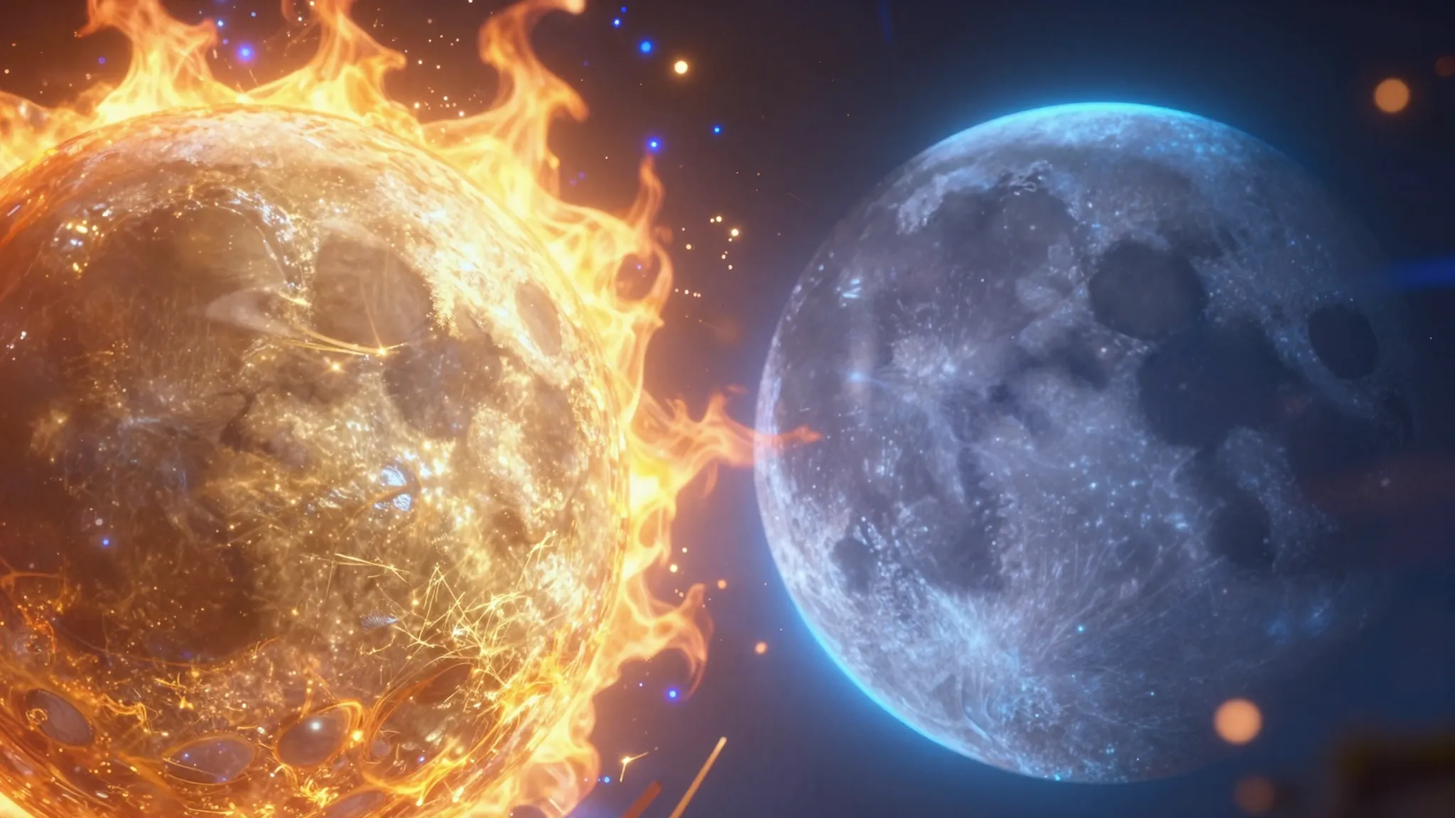 Close-up 3D animation frame, Sun's golden fire touching Moon...