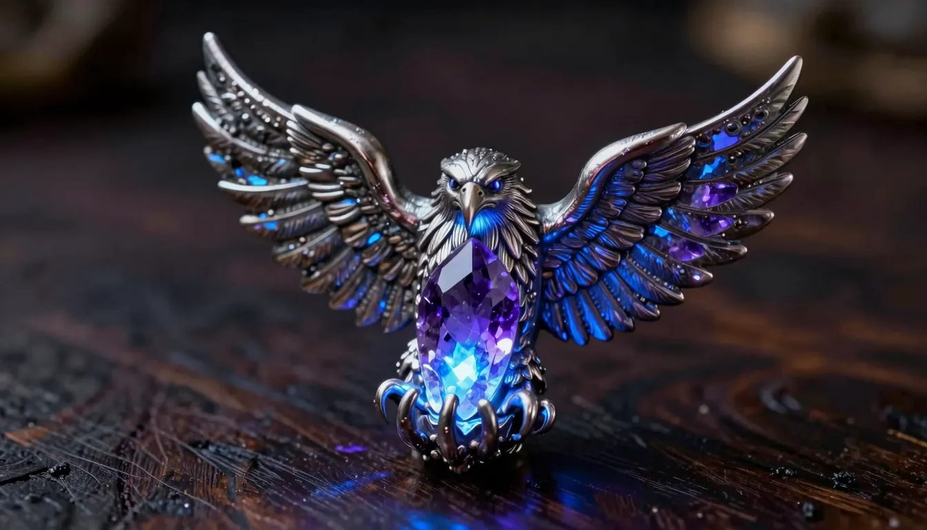 A mystical amulet shaped like an eagle's claw holding a glow...