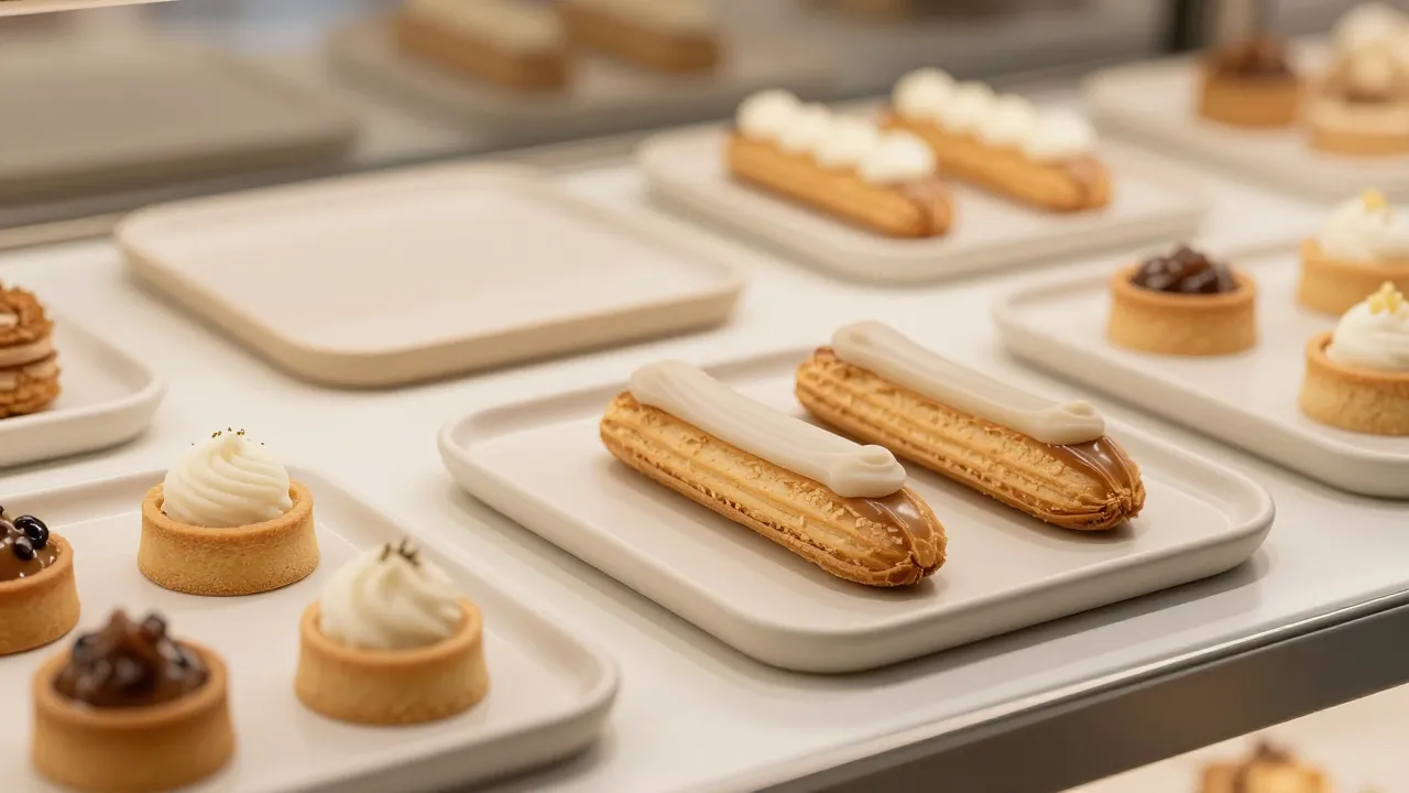Minimalist display of artisanal pastries on matte ceramic tr...