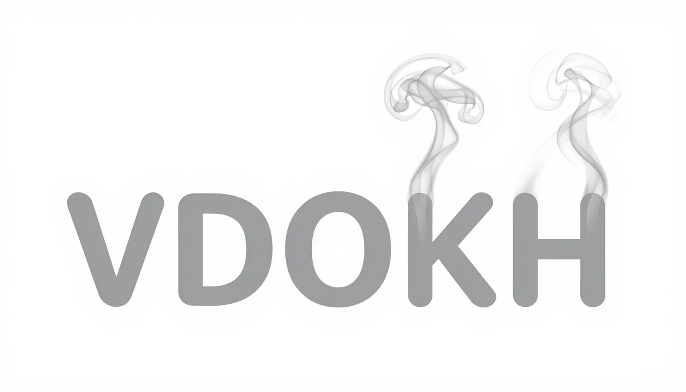 Graphic design of the word 'VDOKH' made of light grey steam....