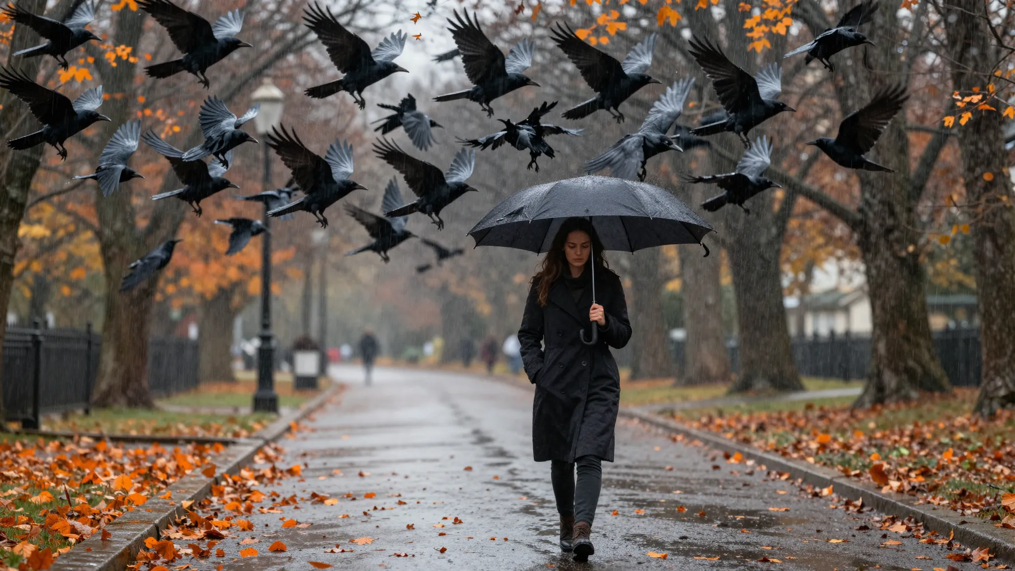 A woman in a long dark coat holding a black umbrella, walkin...