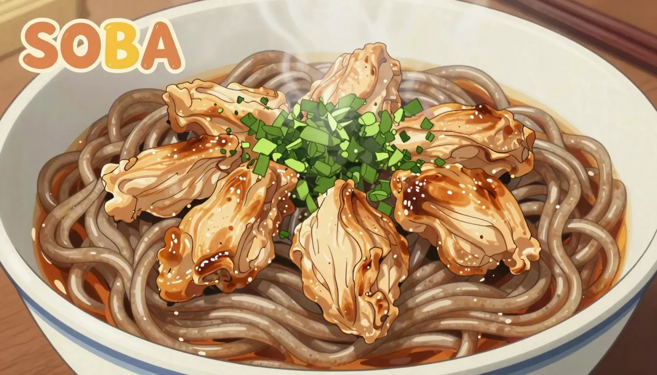 Anime style close-up of a steaming bowl of Soba noodles with...