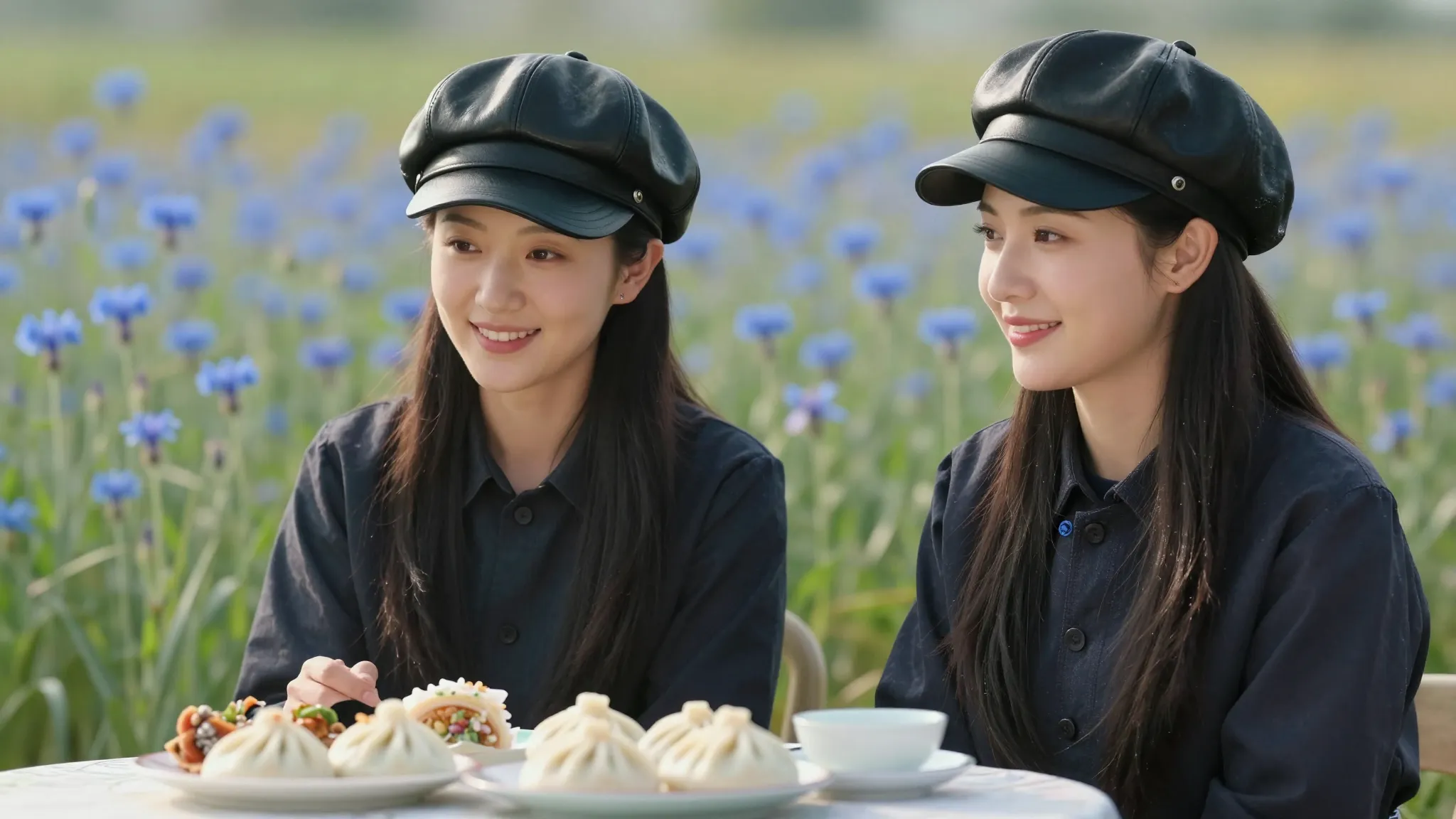 Two beautiful Chinese women with gentle happy smiles and joy...