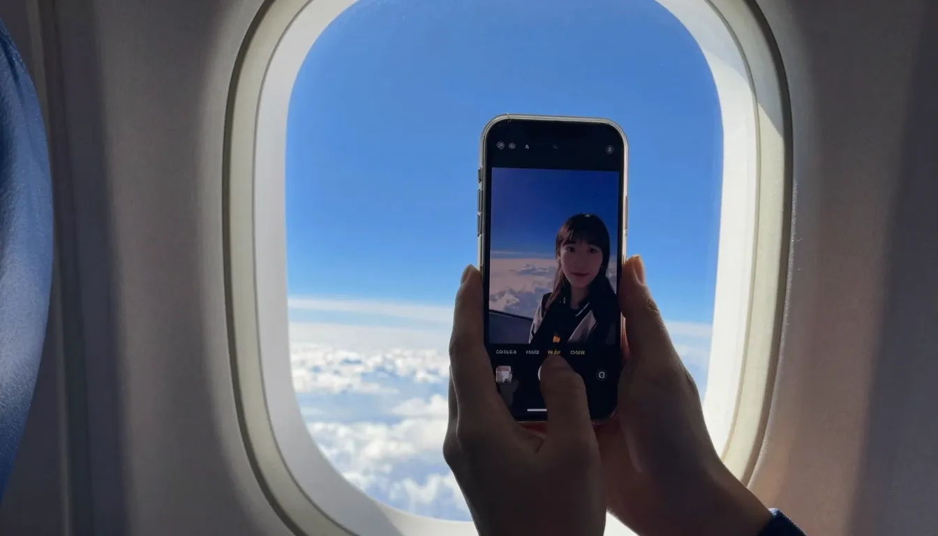First-person perspective selfie inside a modern airplane cab...