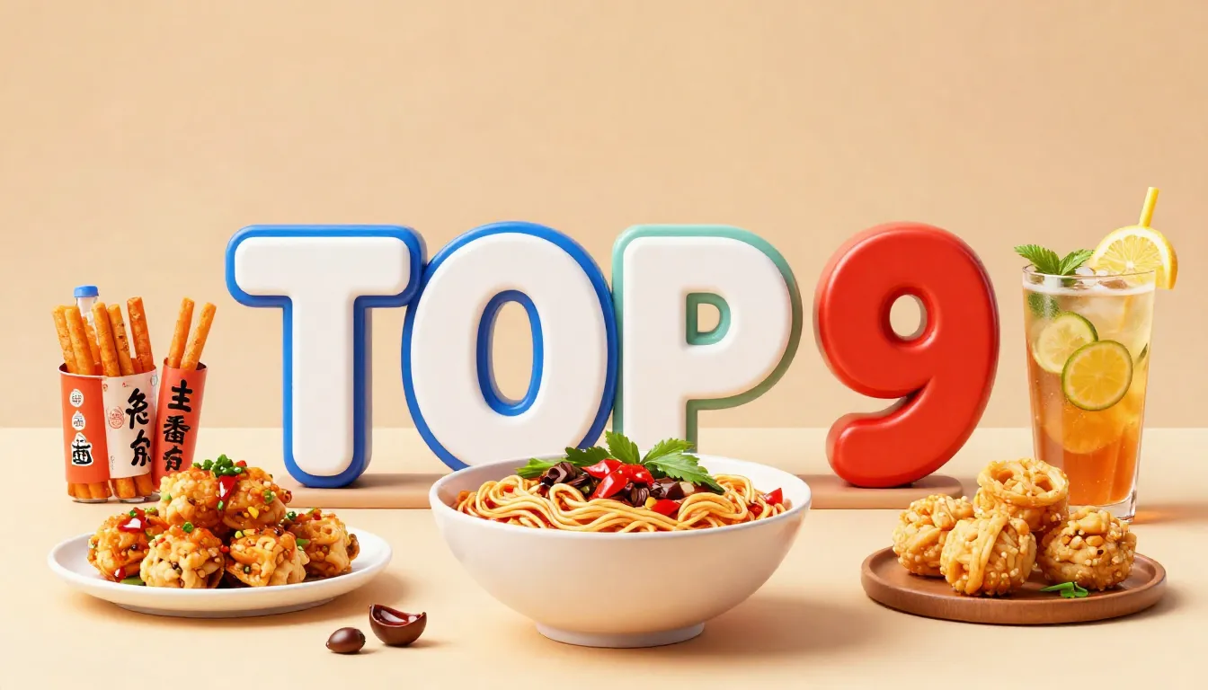 Professional studio shot of 'TOP 9' text in bold 3D letters,...