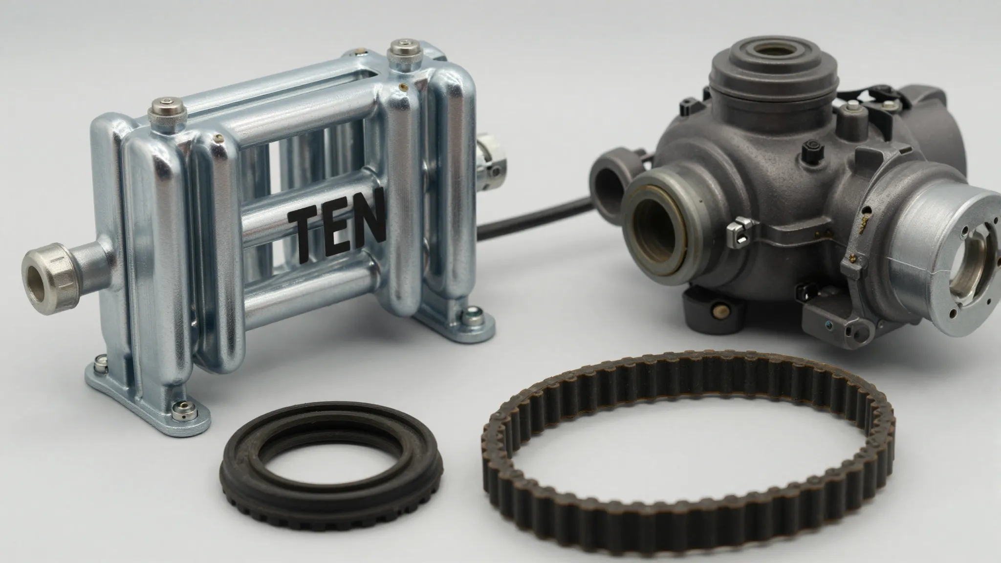Close-up of various spare parts for a washing machine: a shi...
