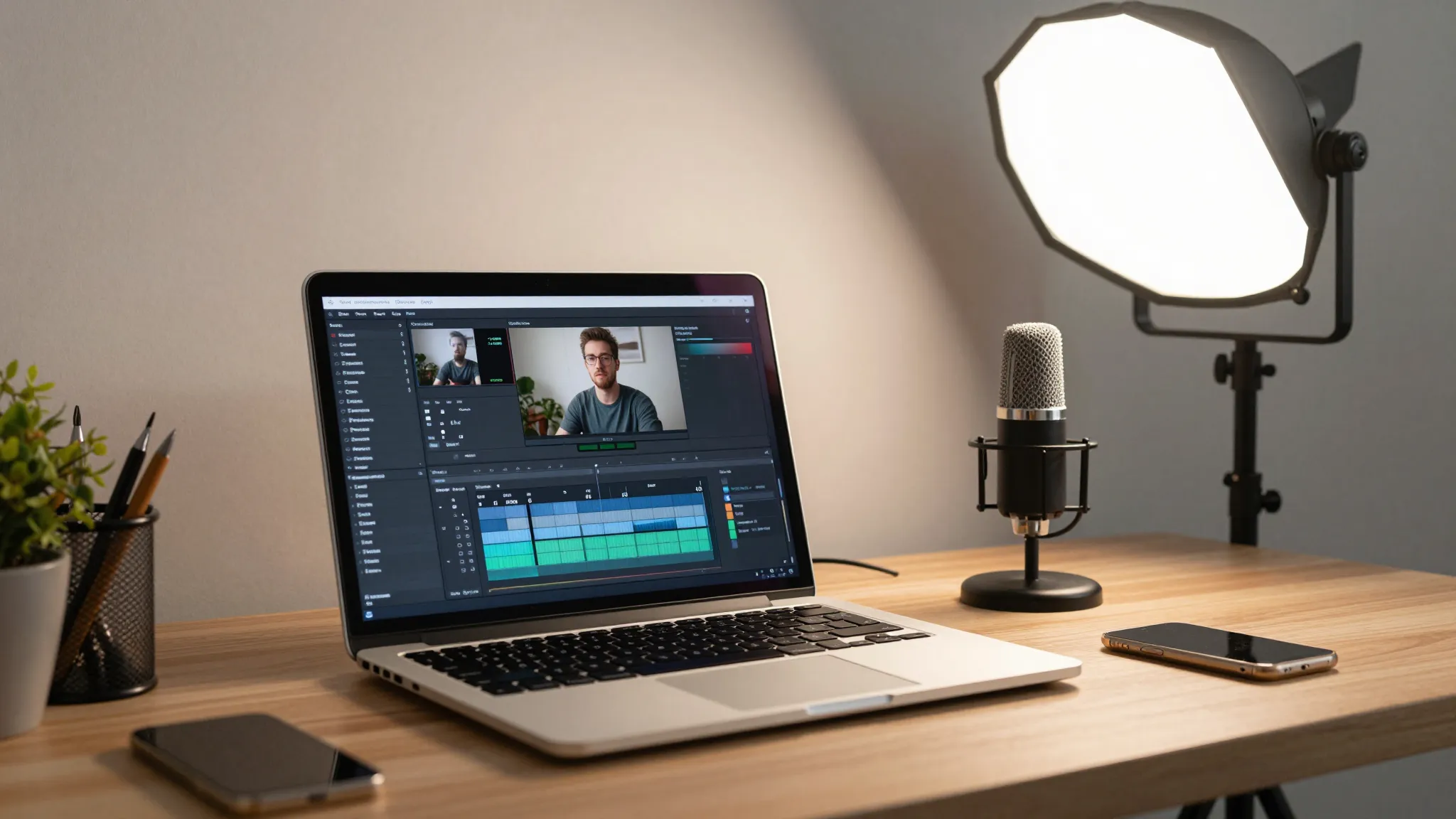 A modern workspace with a laptop showing video editing softw...