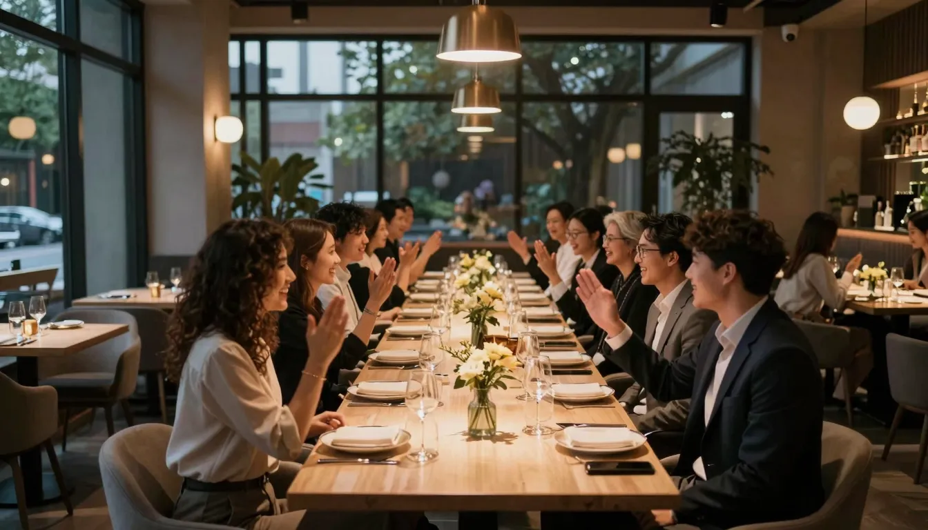 An elegant banquet in a modern cafe with large windows, 20 p...