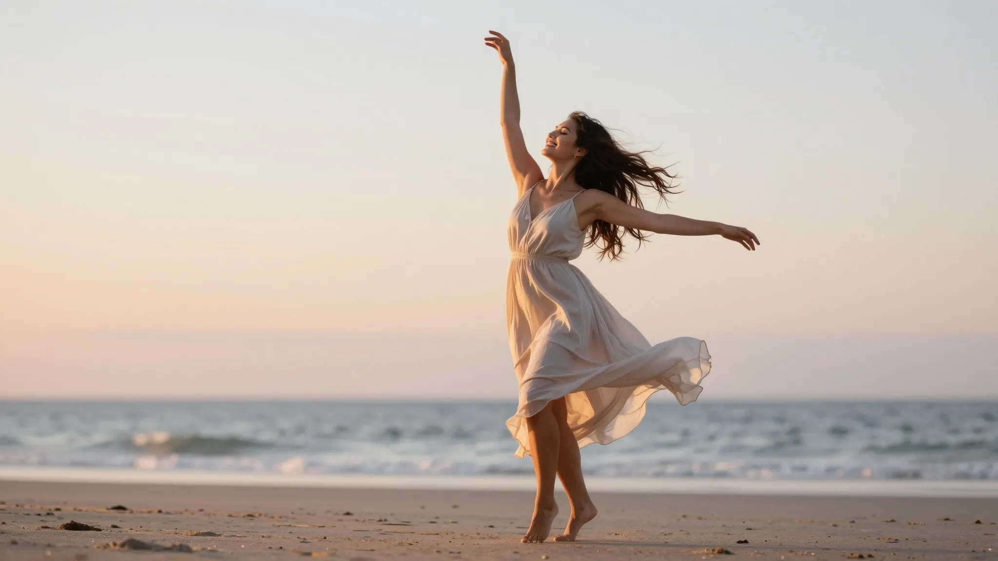 A cheerful woman in a light fluttering dress dancing alone o...