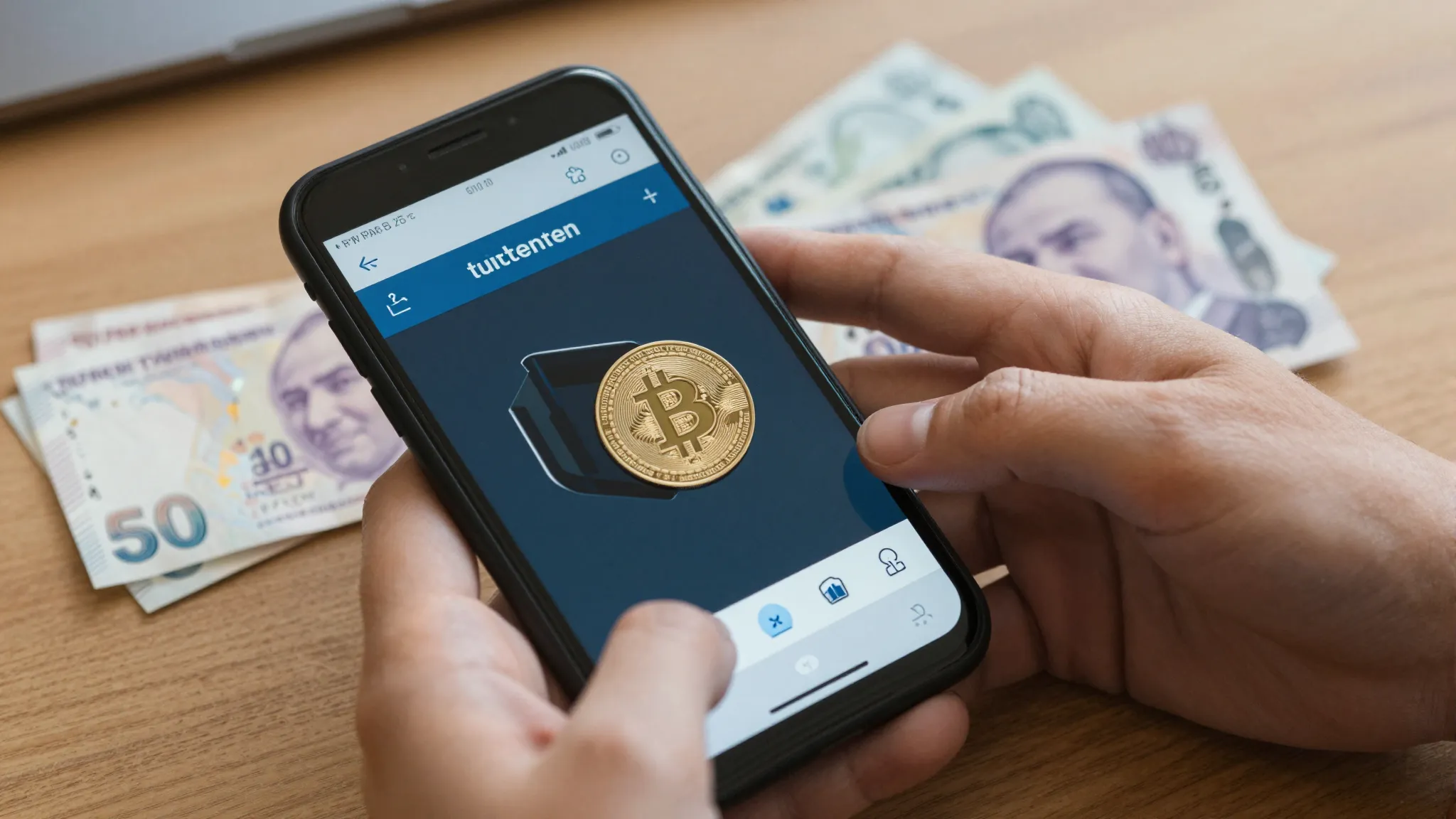 Close up of hands holding a smartphone with a crypto wallet ...