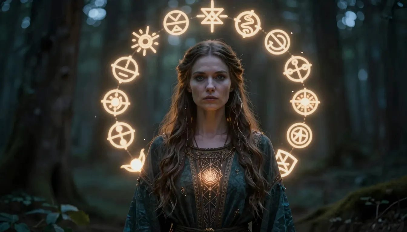 A mystical Slavic woman with glowing ancient symbols around ...