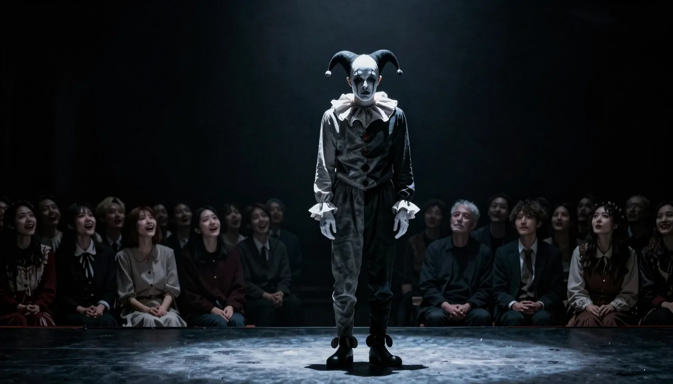 A lone jester, without his mask, standing silently on a dark...