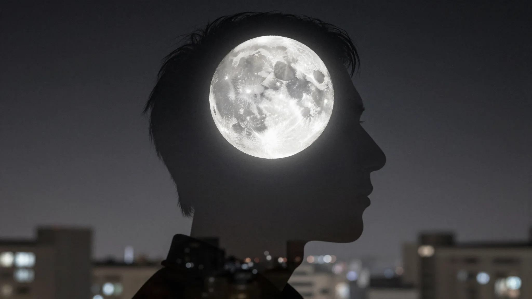 Double exposure art style. Inside the silhouette of a person...