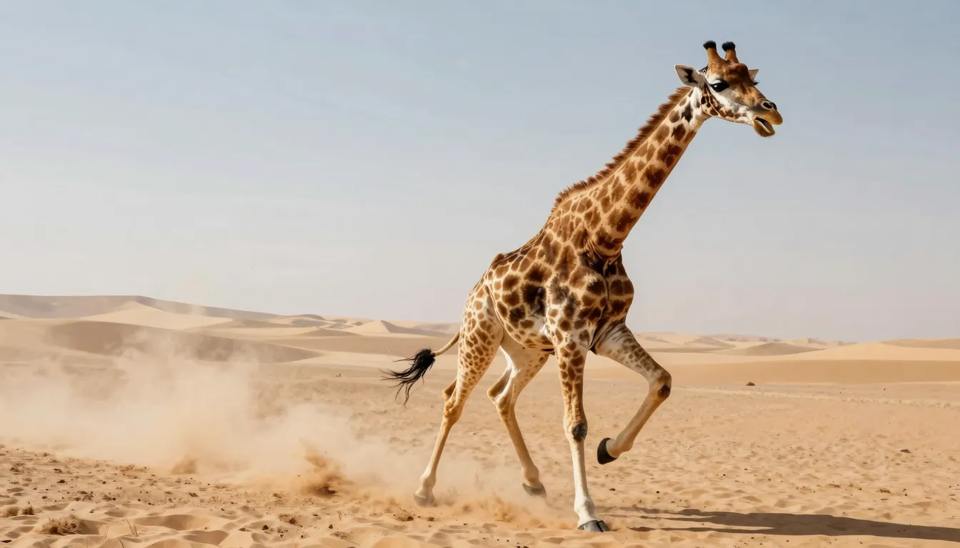 A wide-eyed, panicked giraffe with a crazed expression, spri...