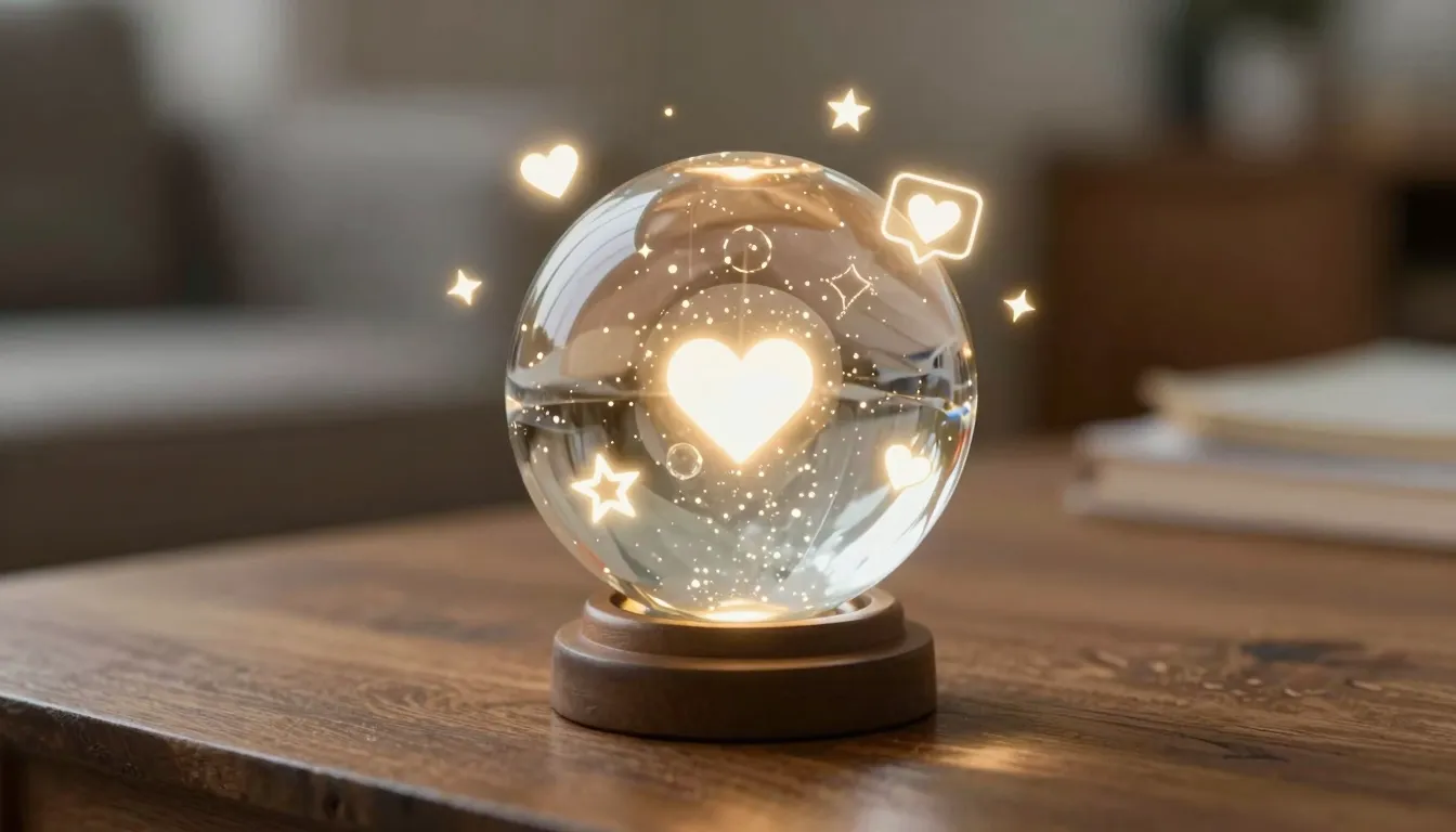 A magical crystal ball on a wooden table showing glowing soc...