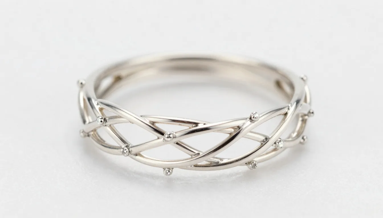 Close-up of a delicate silver ring crafted from multiple thi...