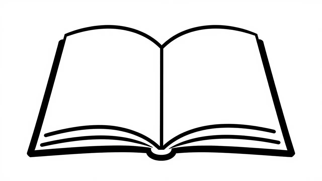 Minimalist vector graphic of an open book, clean black lines...