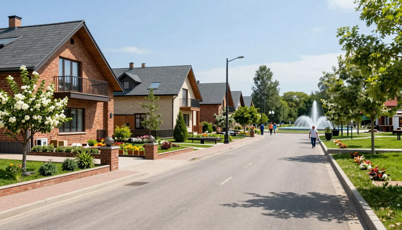 A modern, cozy southern village street in Krasnodar Krai, wi...
