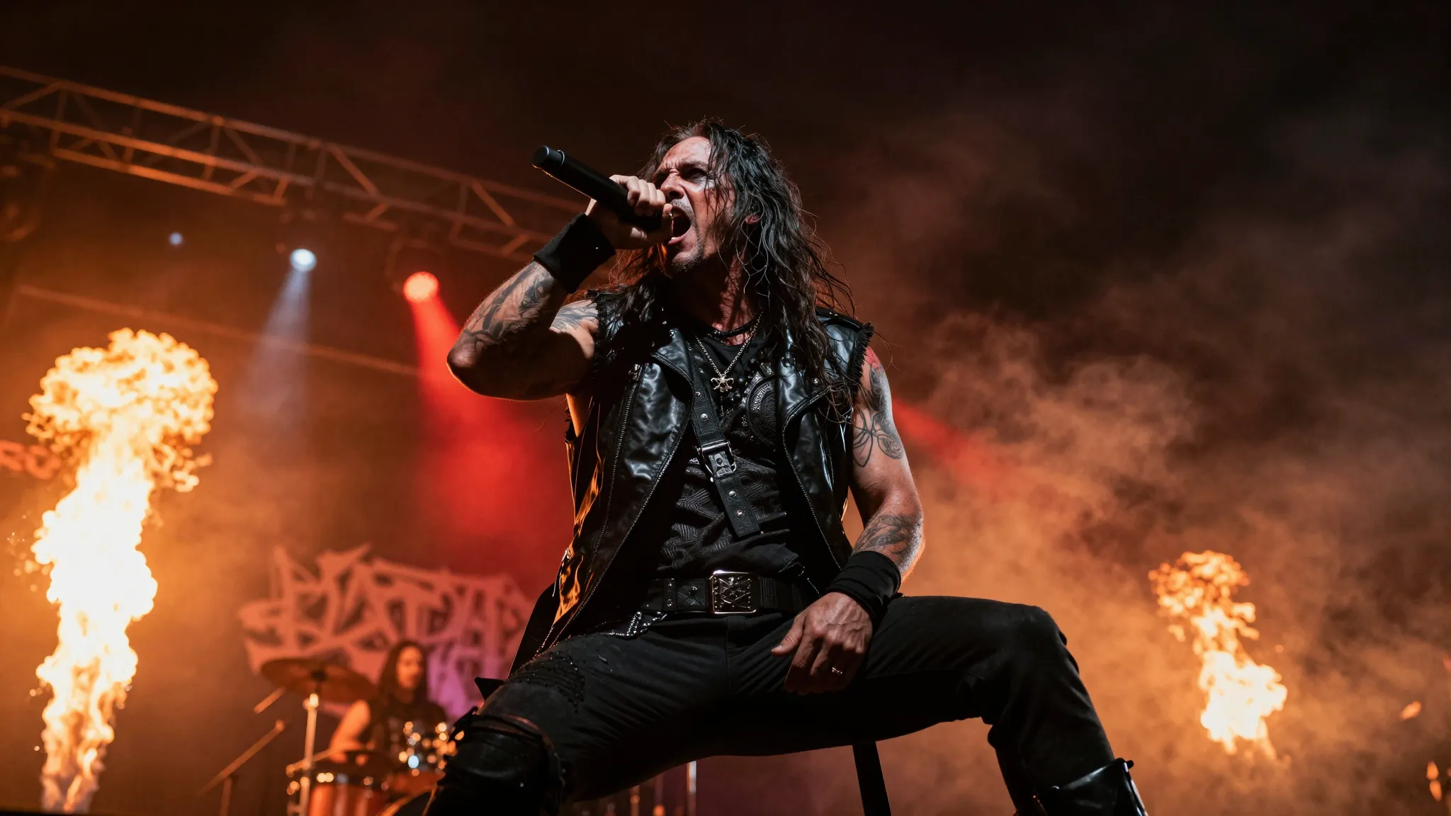 Cinematic shot of a heavy metal concert, aggressive vocalist...