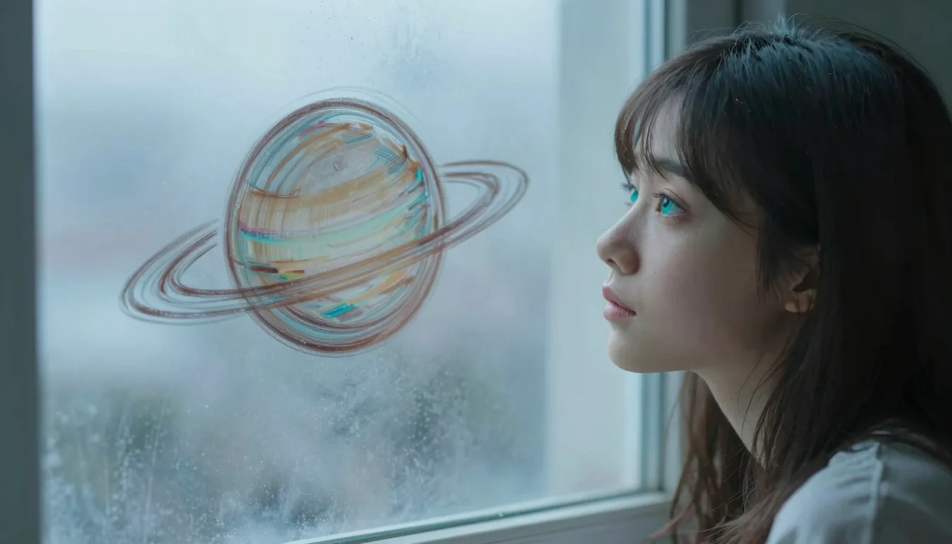 A girl with turquoise eyes looking thoughtfully at a window,...