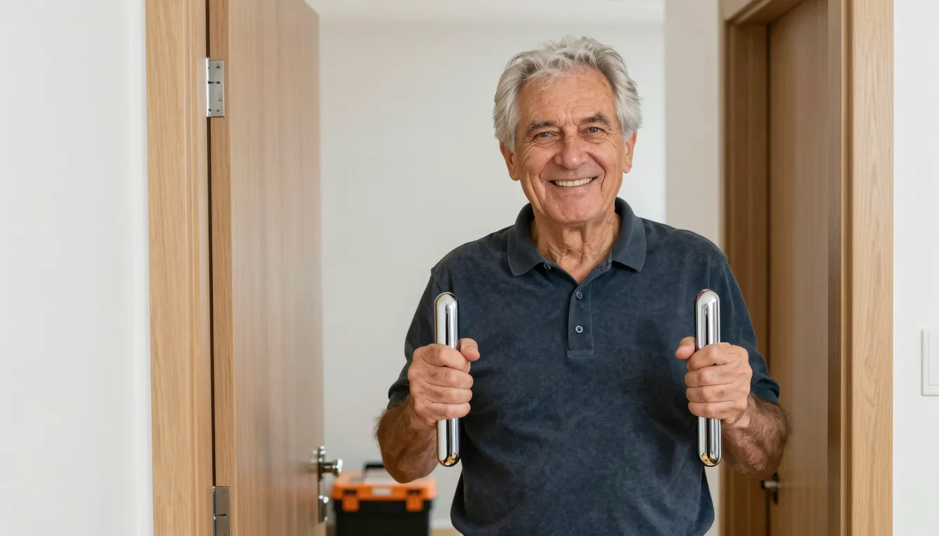 A photorealistic portrait of a cheerful elderly man with gre...