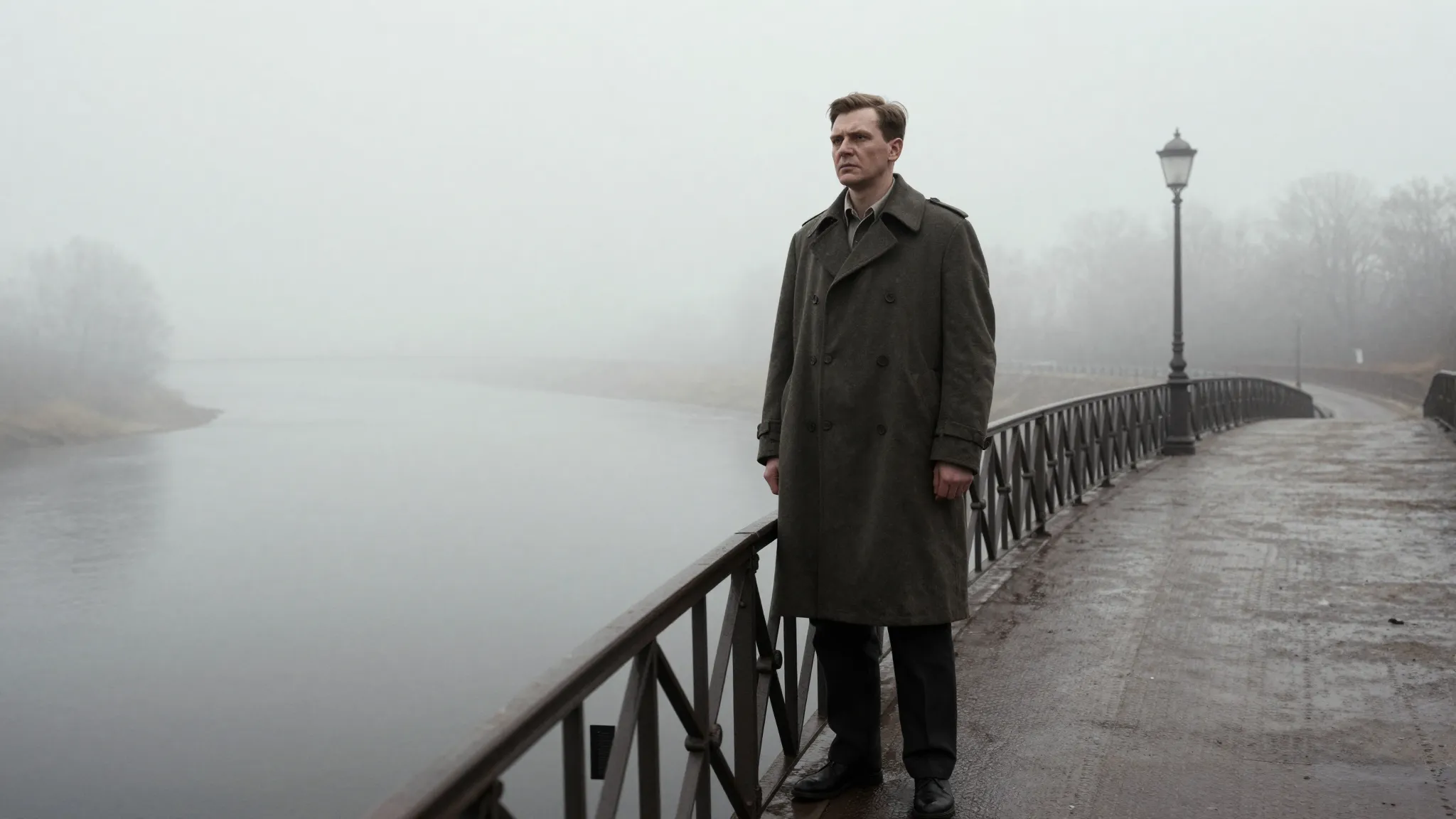 A dramatic cinematic shot of a man in a long coat standing o...
