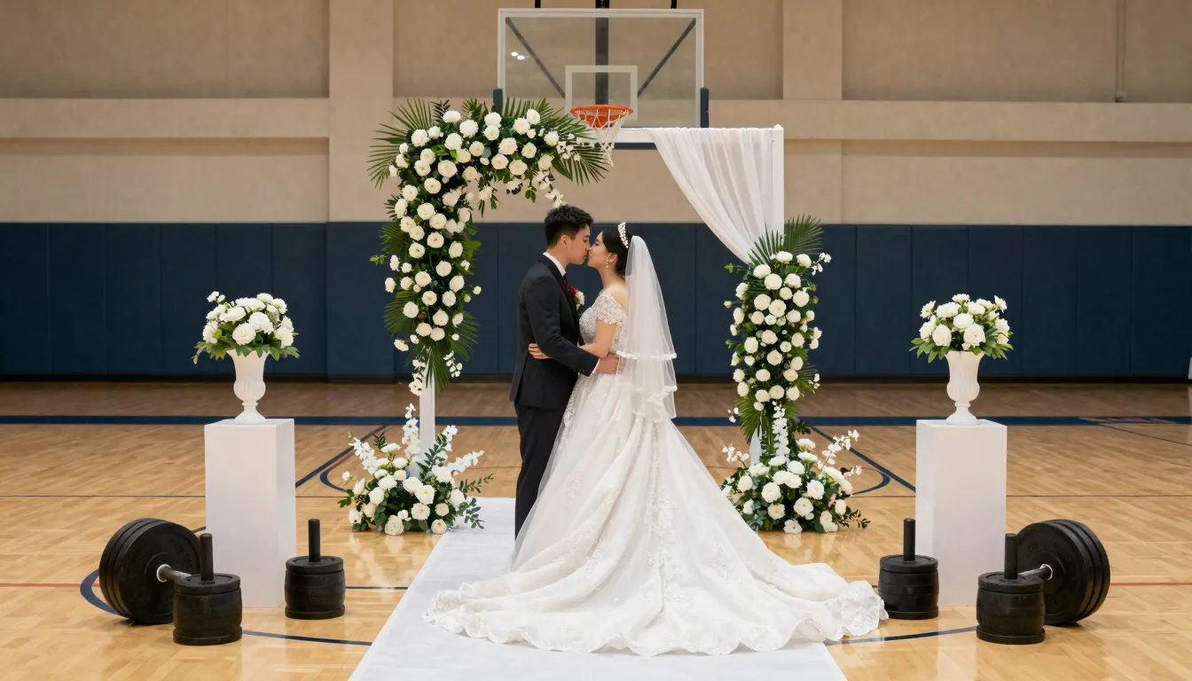 A beautiful wedding ceremony taking place inside a decorated...
