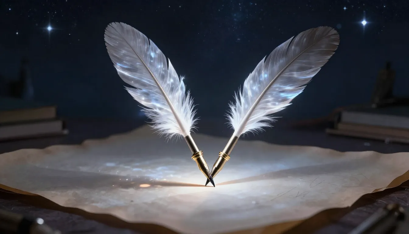 A magical quill pen glowing with moonlight, writing on a par...
