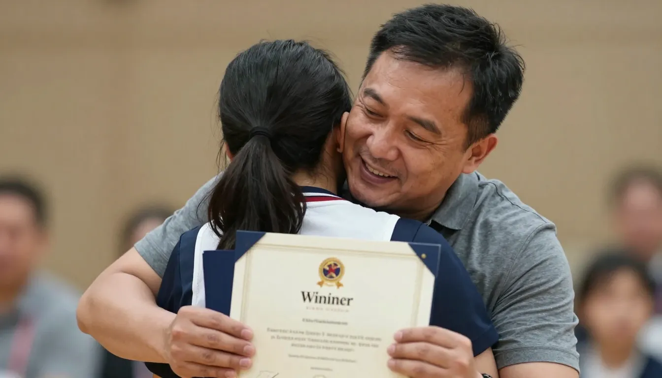 A proud father hugging his teenage daughter who is holding a...