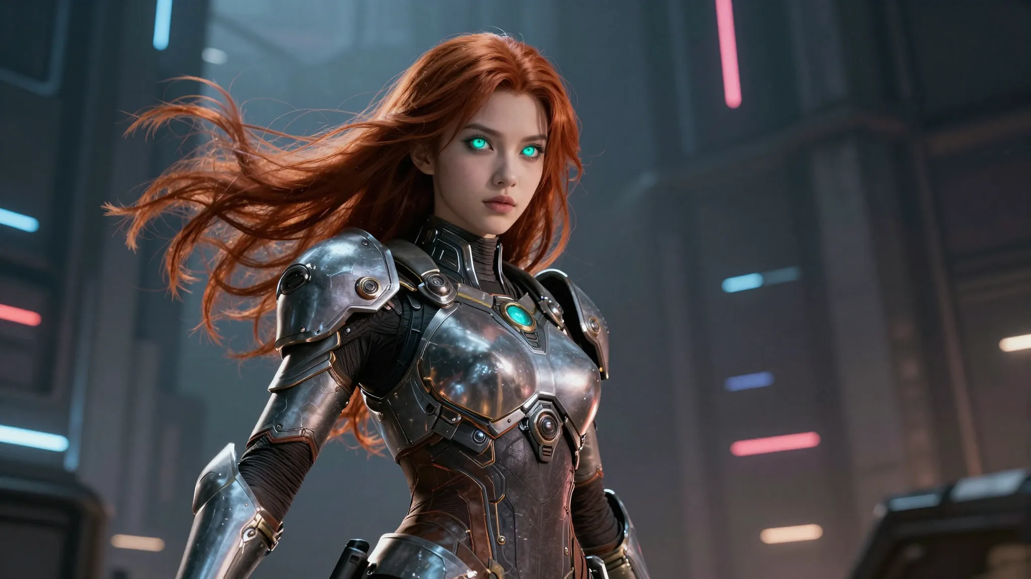 A young invincible female warrior with long auburn hair floa...