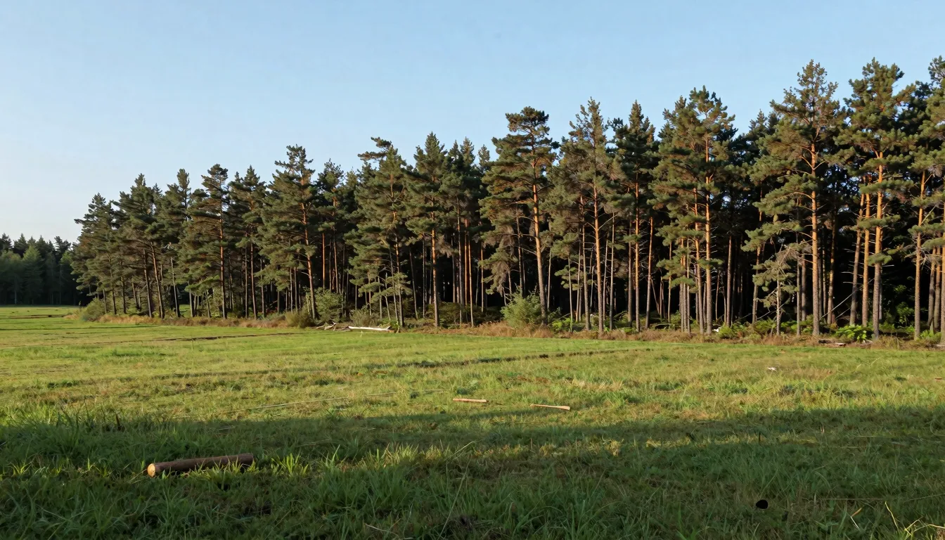 A peaceful landscape of a green land plot at the edge of a p...