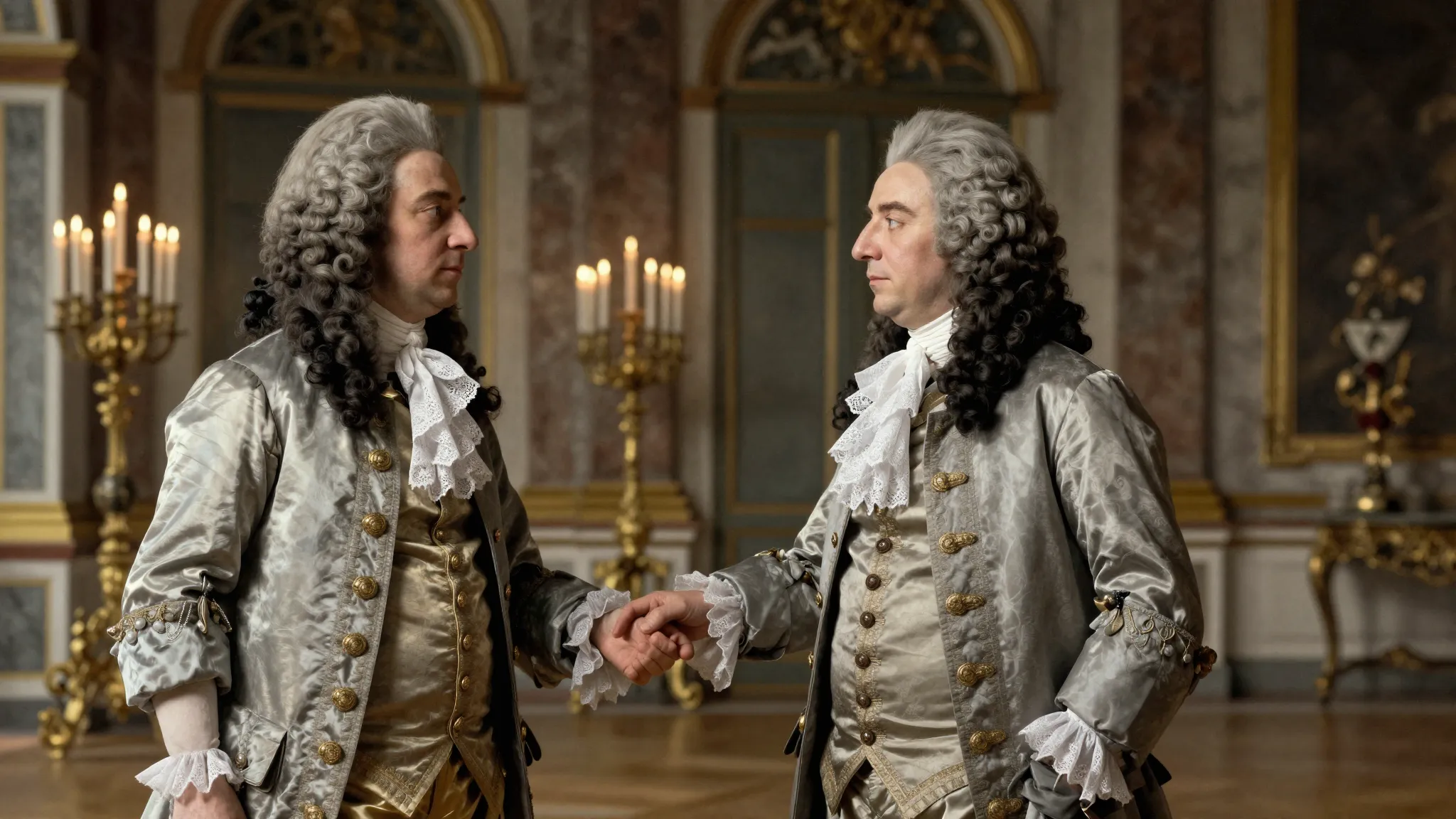 17th century French ballroom, two noblemen in elaborate silk...