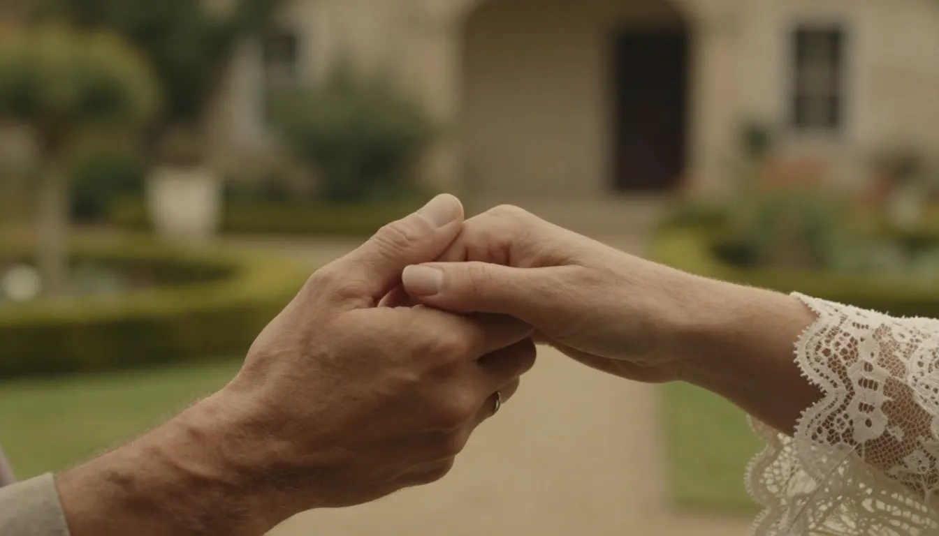A close-up of two hands meeting, a man's hand and a woman's ...