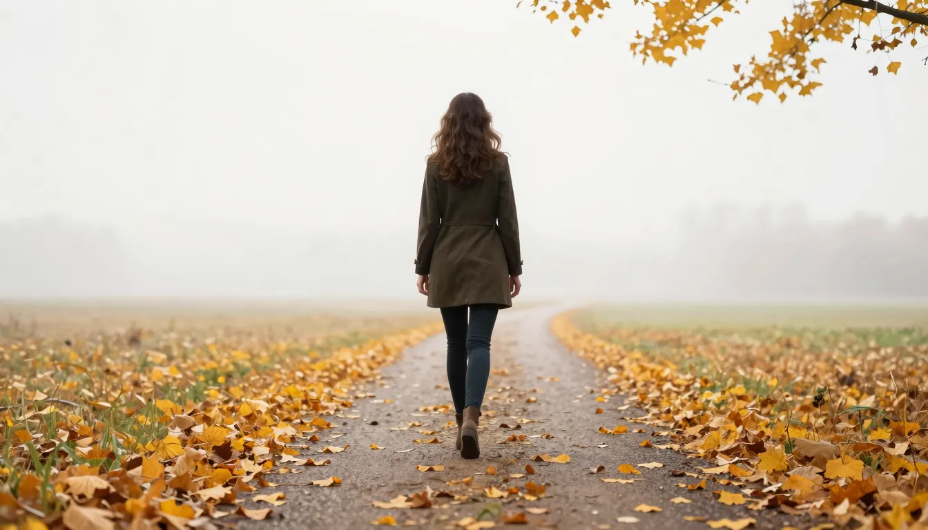 A poetic and elegant scene of a woman standing on a path of ...