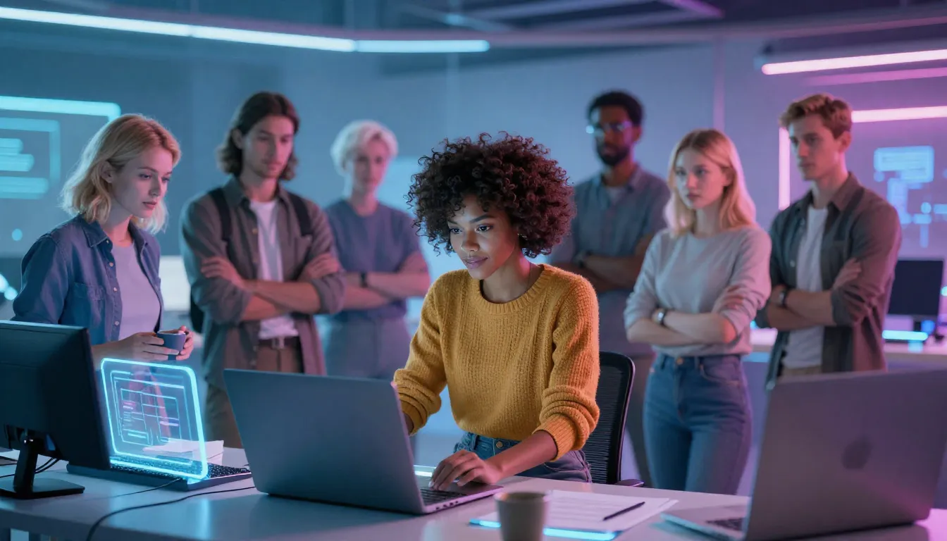 A diverse group of digital avatars collaborating in a glowin...