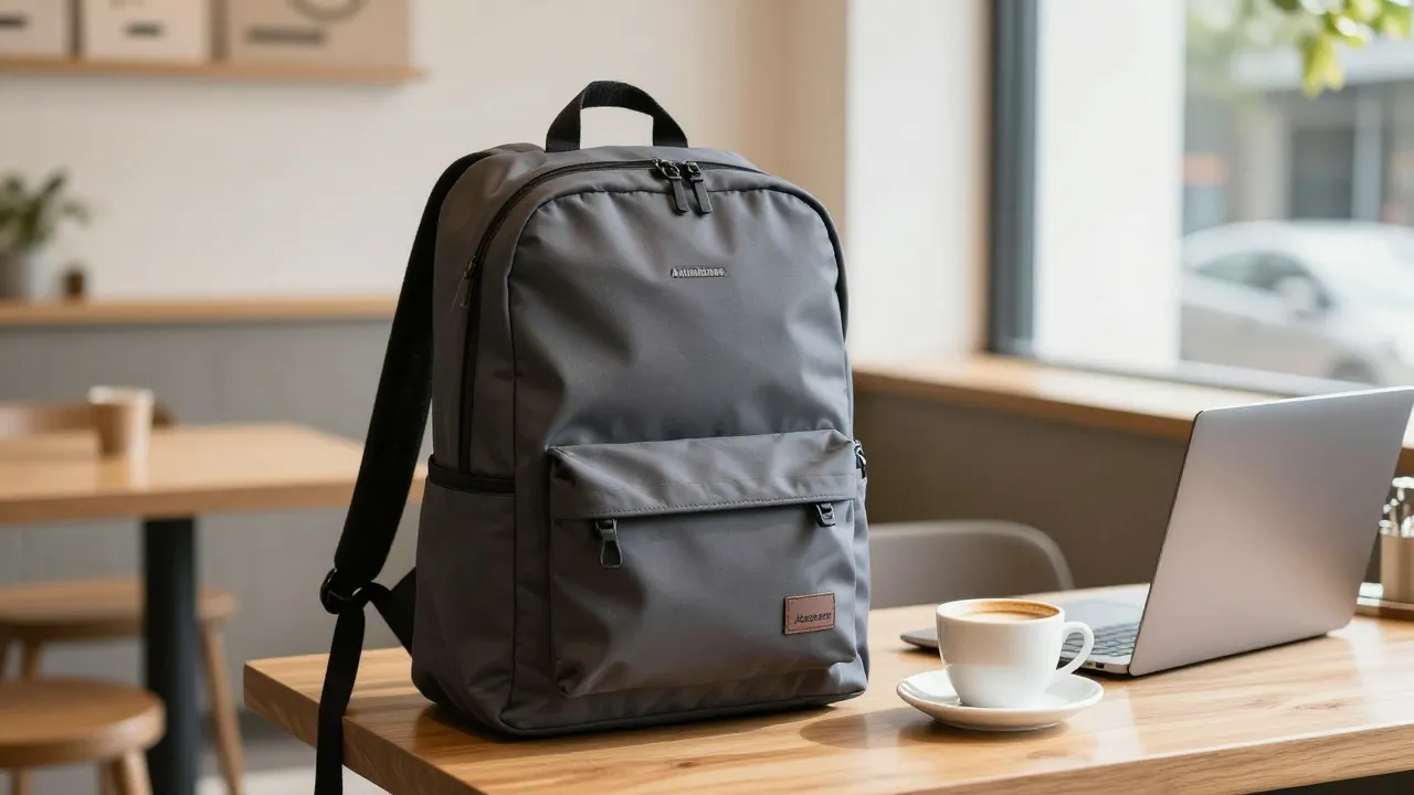 A stylish backpack Andabags on a wooden table in a bright mo...