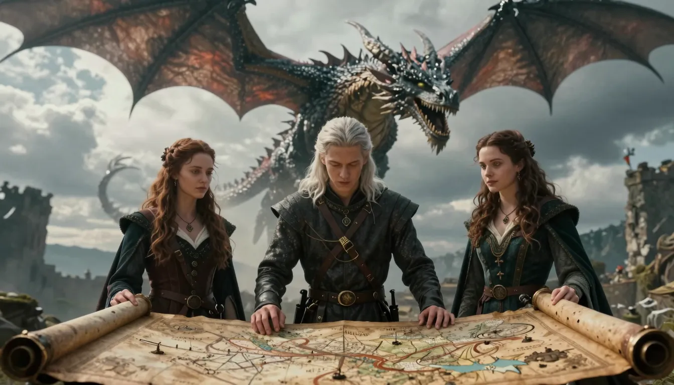 Cinematic shot of a silver-haired young man and two beautifu...