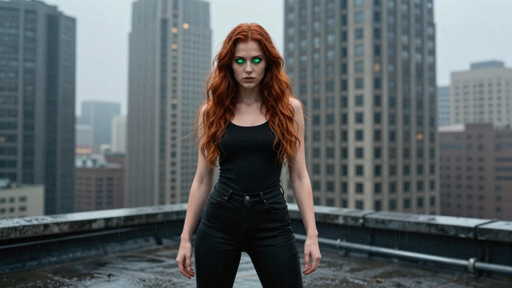 A powerful young woman with long auburn hair and glowing eme...